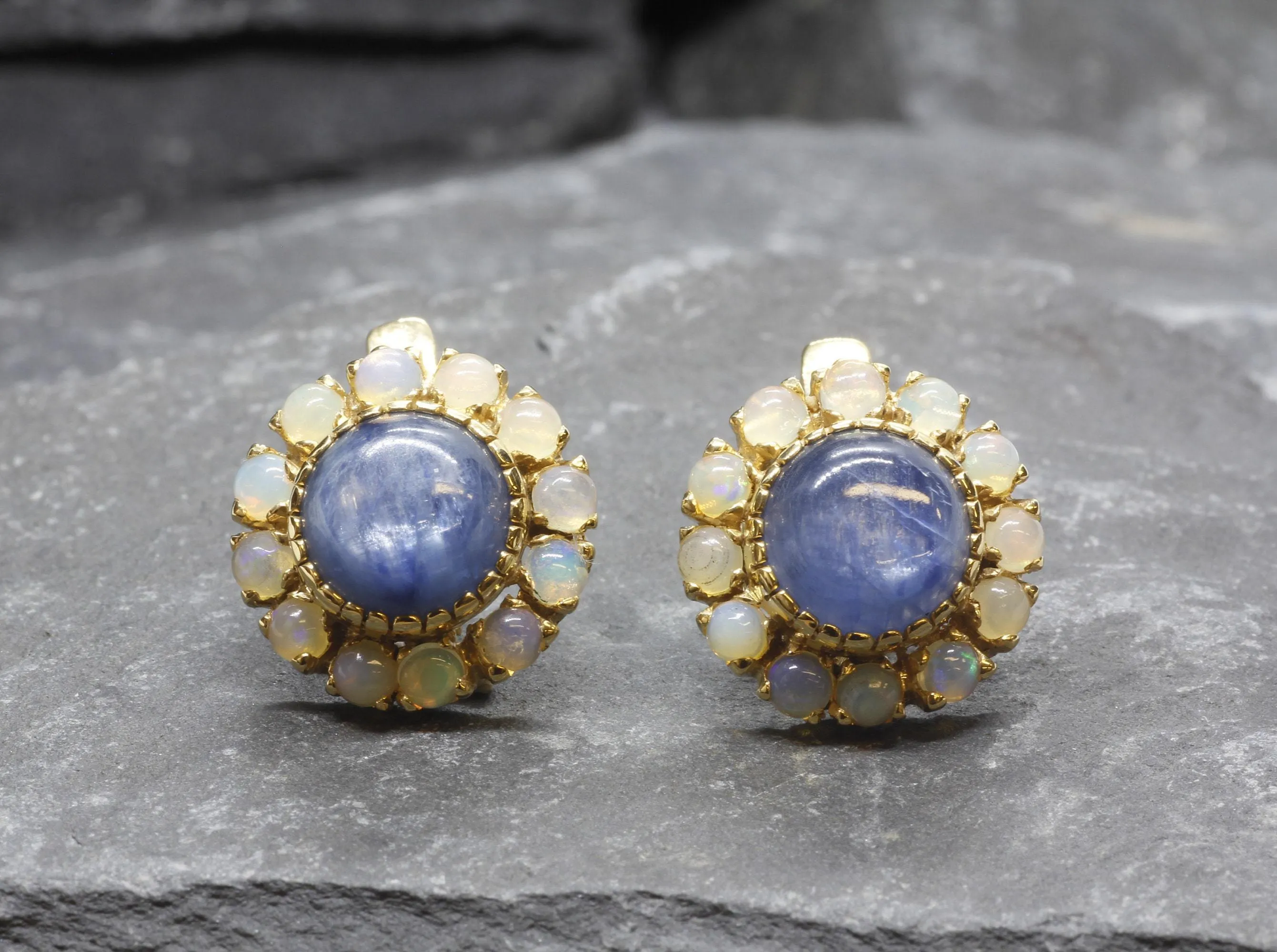 Gold Victorian Earrings - Natural Kyanite Earrings, Fire Opal Earrings
