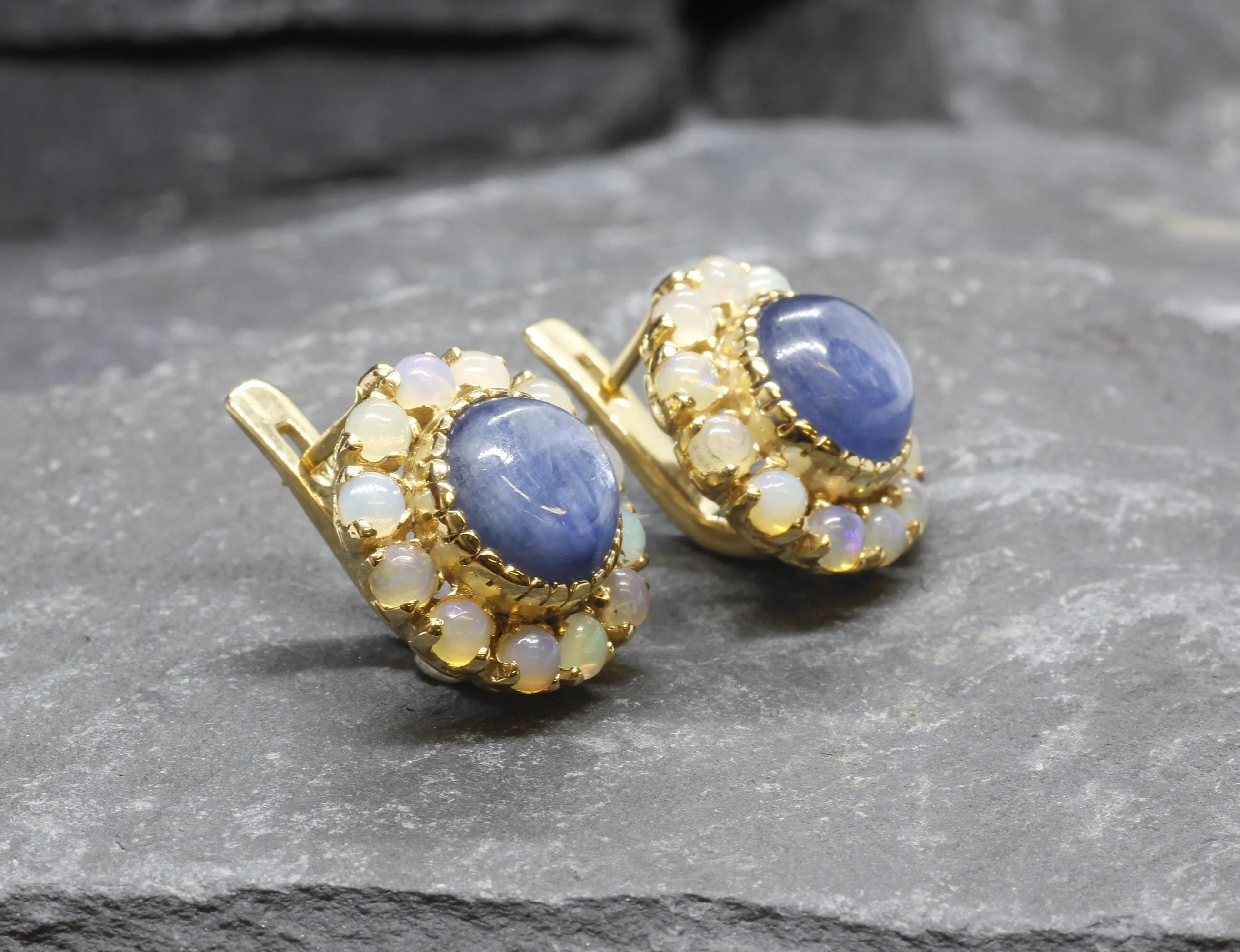 Gold Victorian Earrings - Natural Kyanite Earrings, Fire Opal Earrings