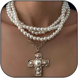 Gothic Pearl Cross Necklace Chunky Cross Necklaces for Women Chunky Gold Charm Necklace Layered Pearl Choker Necklaces Halloween Jewelry for Women