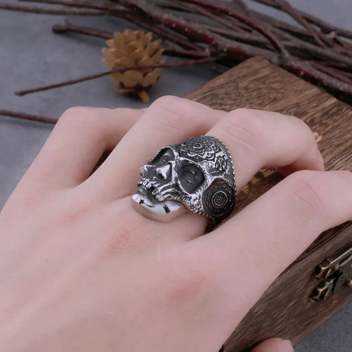 Gothic Retro Mandala Flower Viking Skull Ring