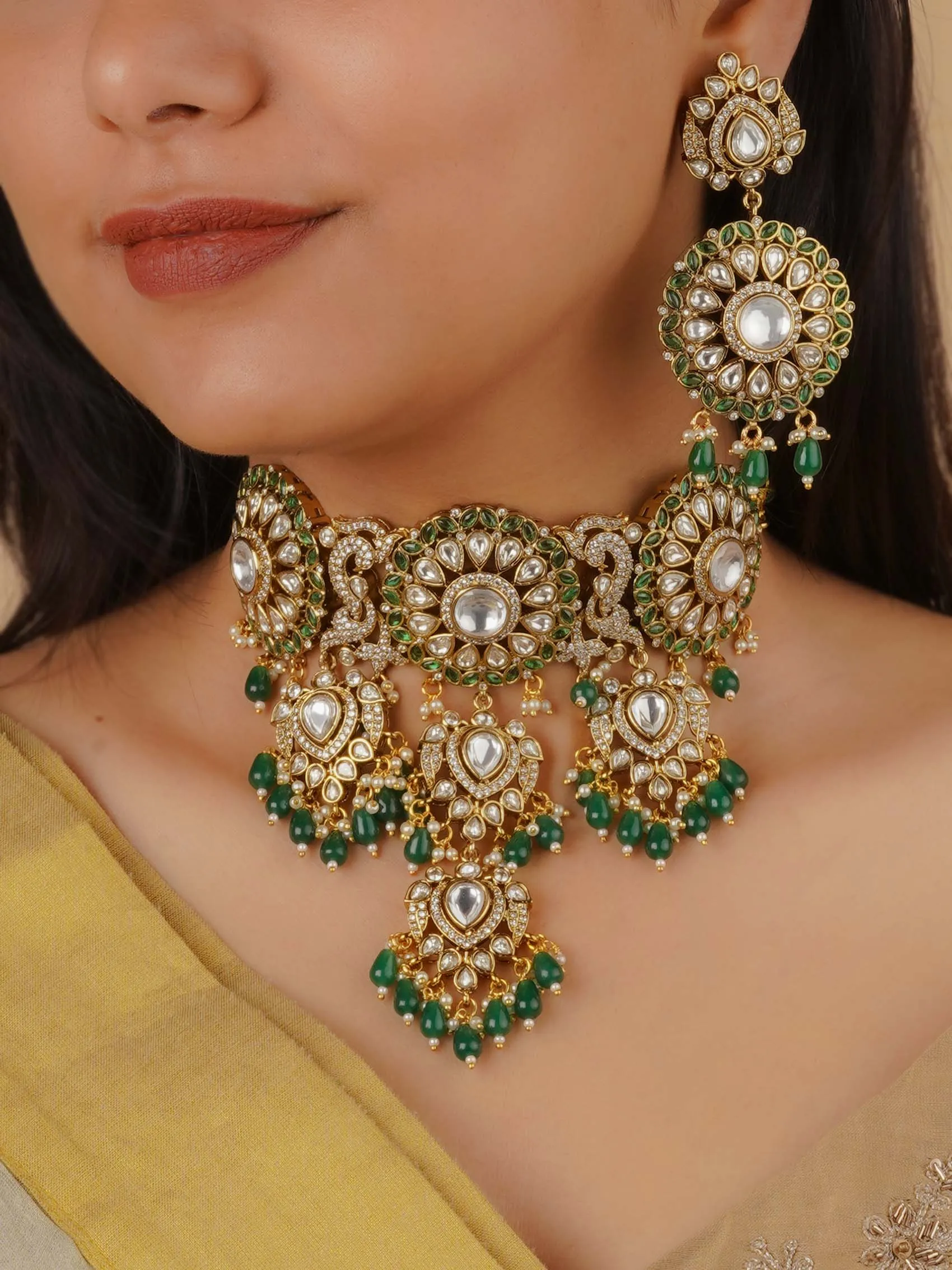 Green Color Gold Plated Moissanite Bridal Necklace Set - MO-S32WGR