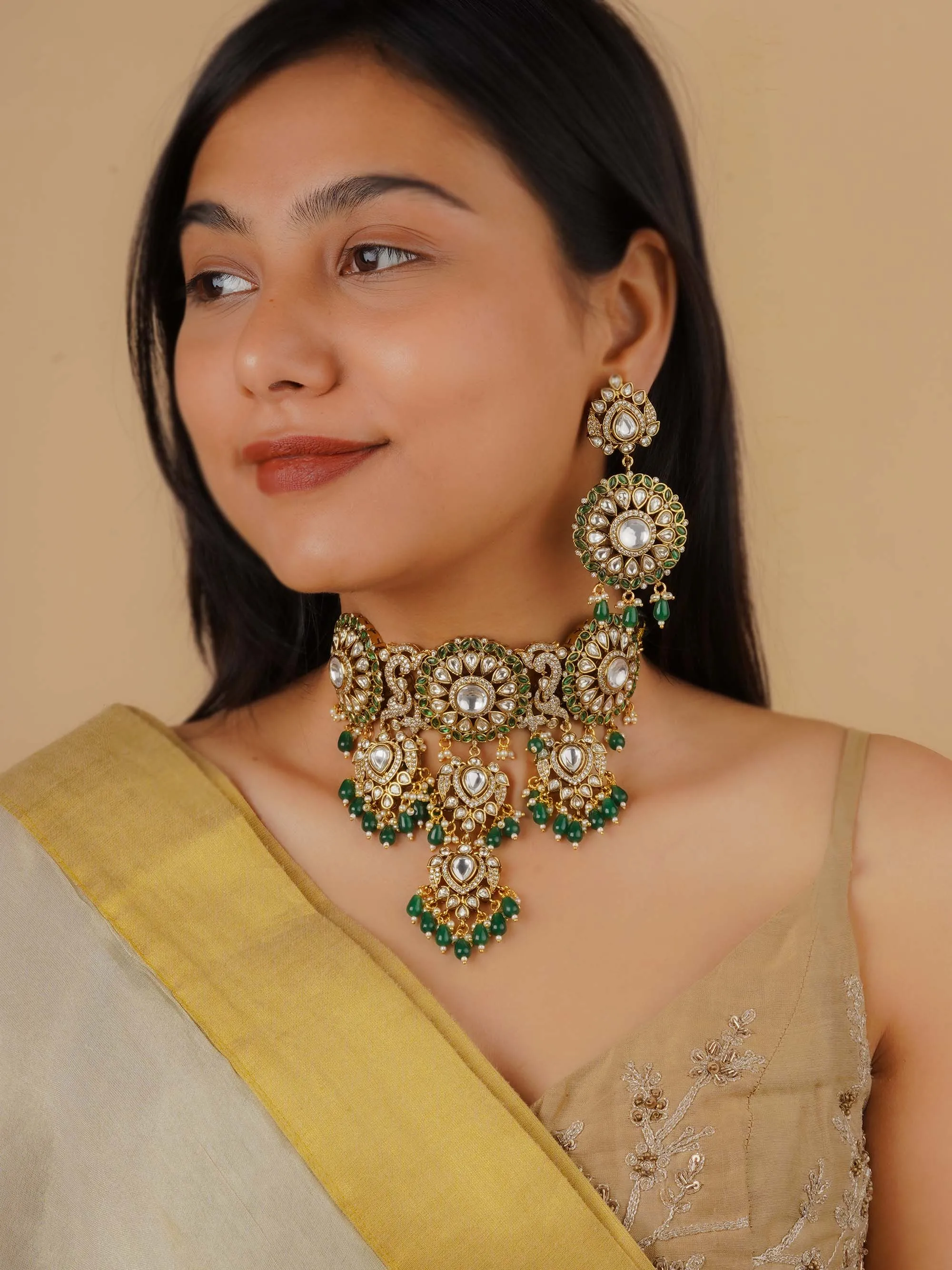 Green Color Gold Plated Moissanite Bridal Necklace Set - MO-S32WGR