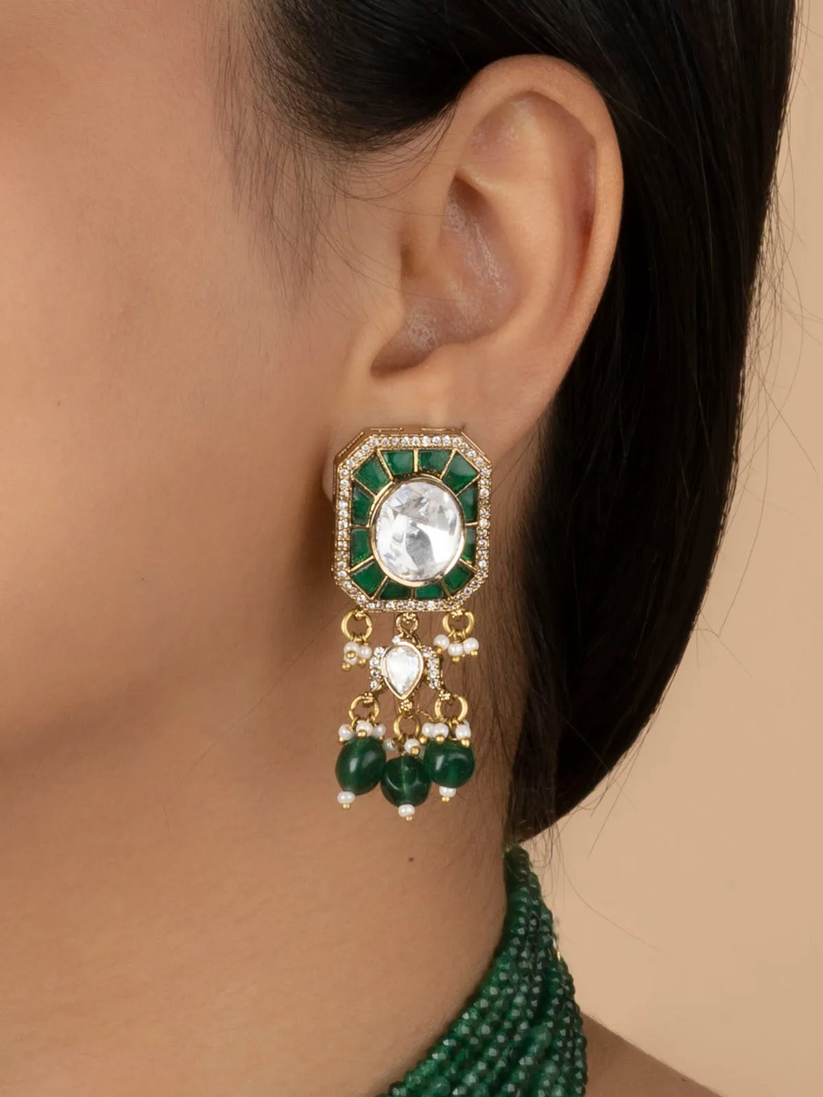 Green Color Gold Plated Moissanite Necklace Set - MO-S119GR