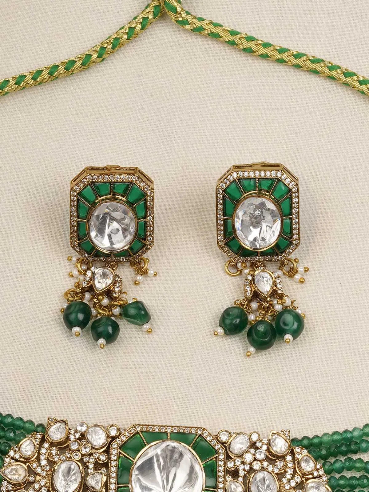 Green Color Gold Plated Moissanite Necklace Set - MO-S119GR