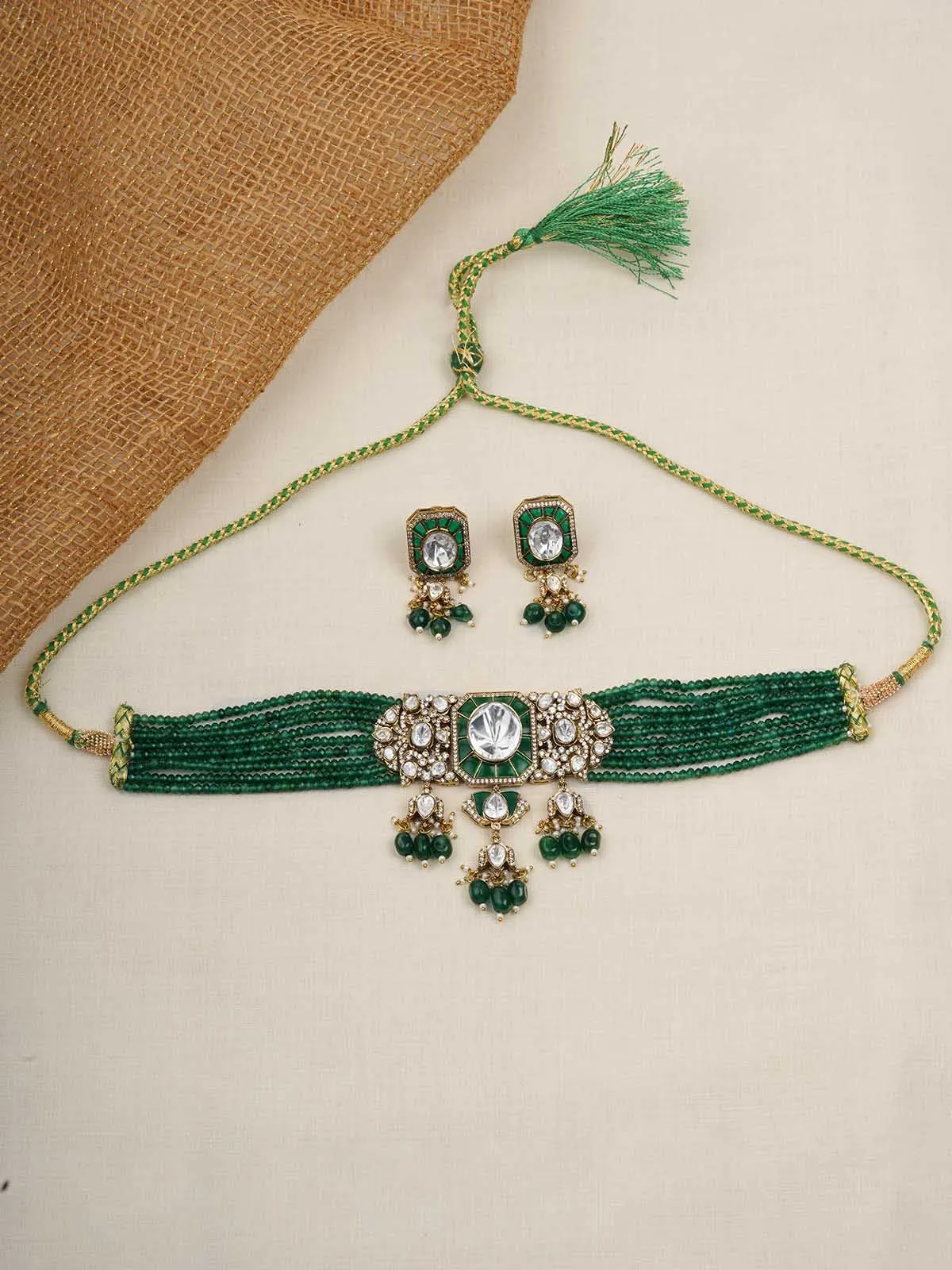 Green Color Gold Plated Moissanite Necklace Set - MO-S119GR