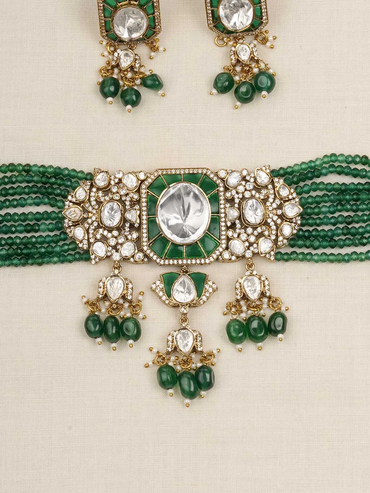 Green Color Gold Plated Moissanite Necklace Set - MO-S119GR