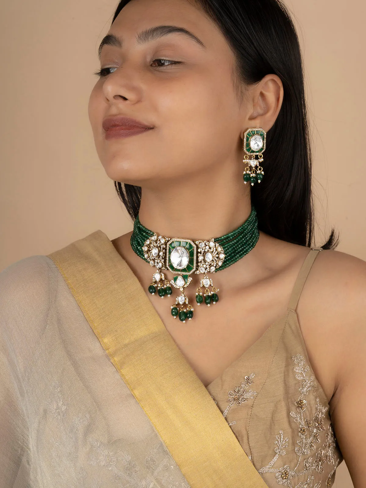 Green Color Gold Plated Moissanite Necklace Set - MO-S119GR