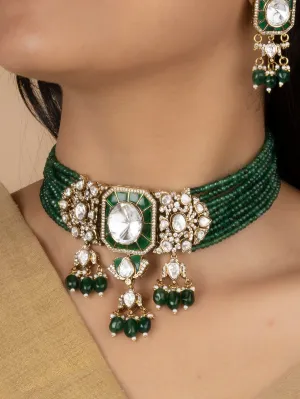Green Color Gold Plated Moissanite Necklace Set - MO-S119GR