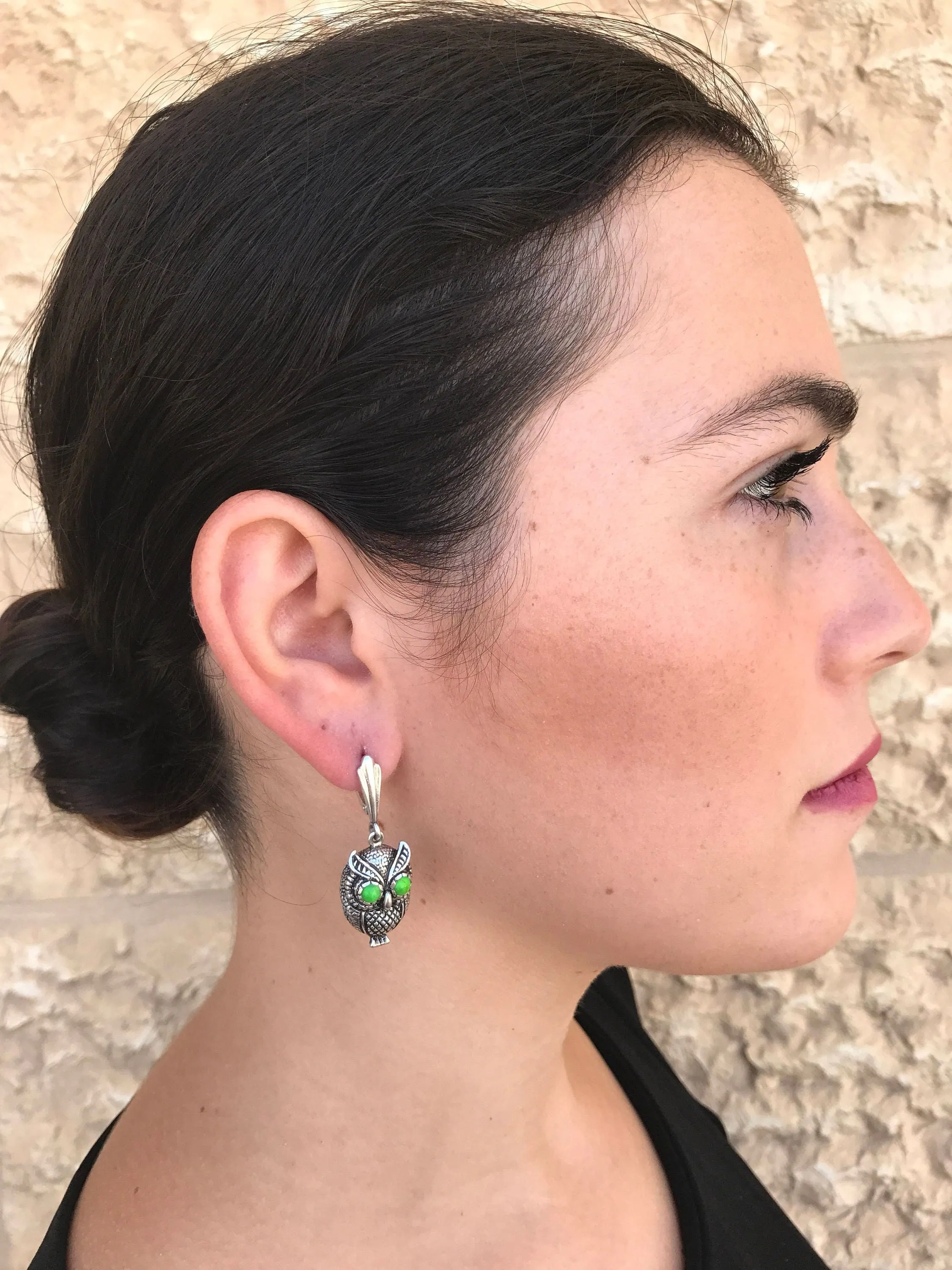 Green Owl Earrings - Genuine Turquoise Earrings - Dangling Owl Earrings