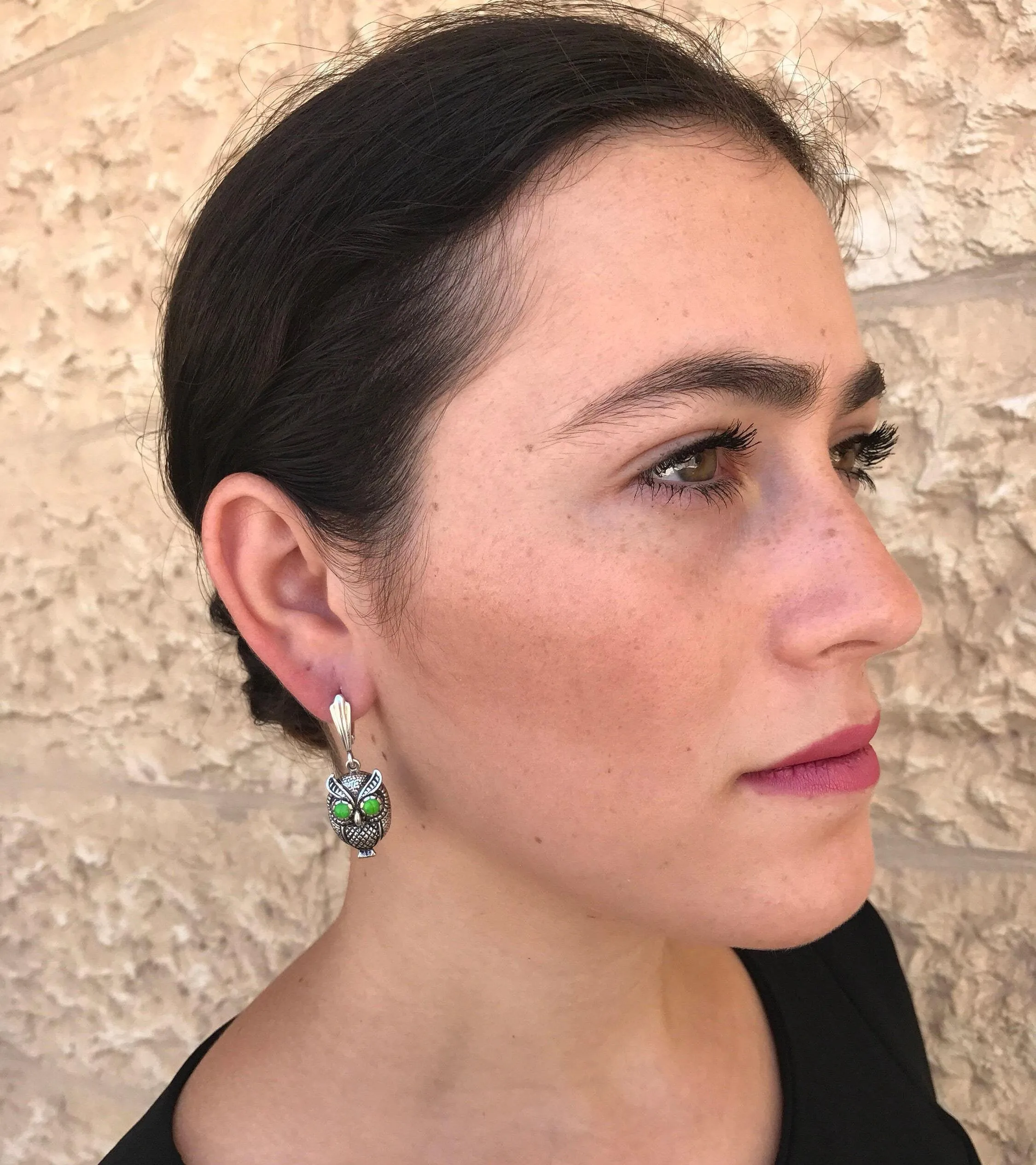 Green Owl Earrings - Genuine Turquoise Earrings - Dangling Owl Earrings
