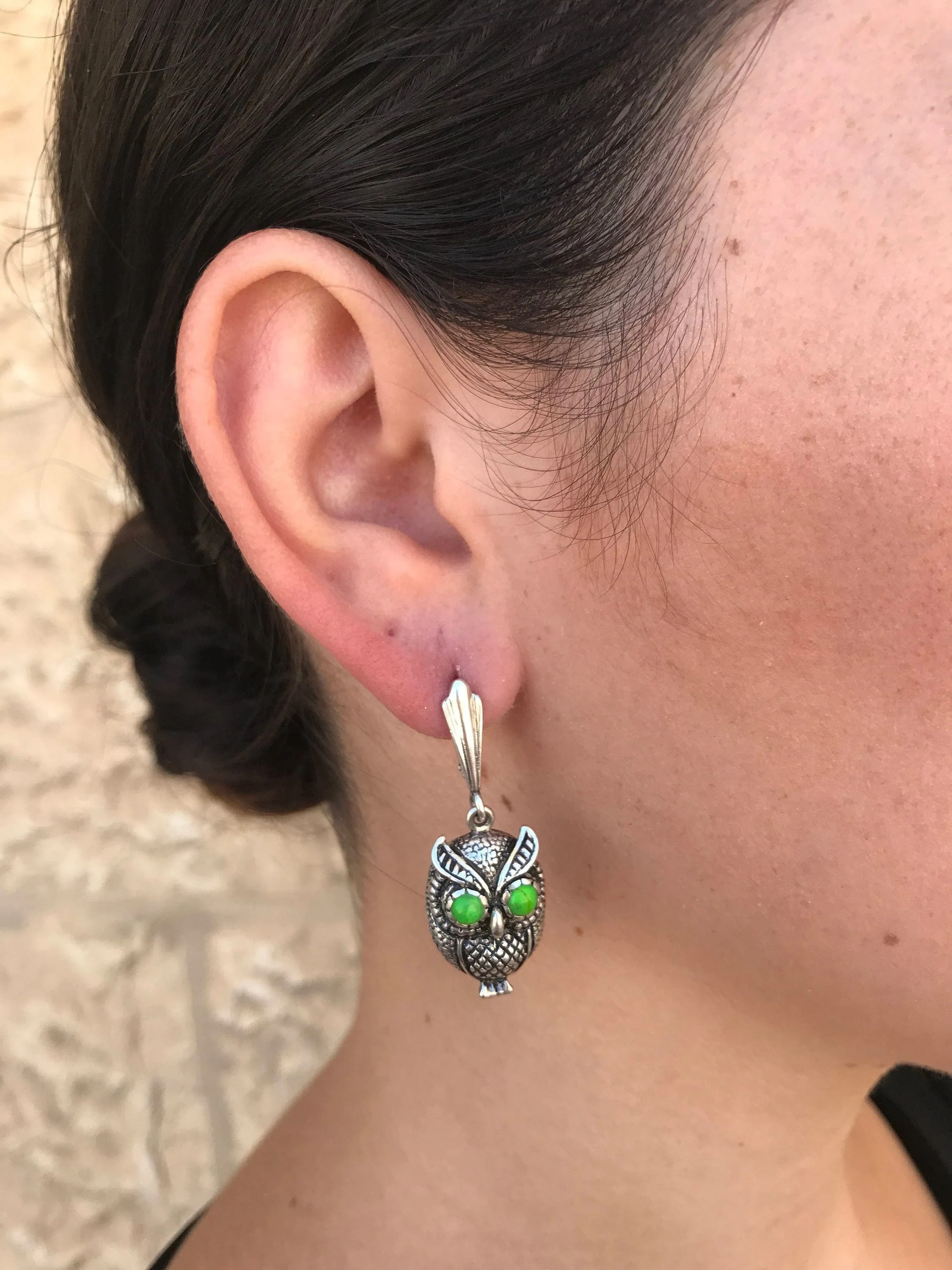 Green Owl Earrings - Genuine Turquoise Earrings - Dangling Owl Earrings