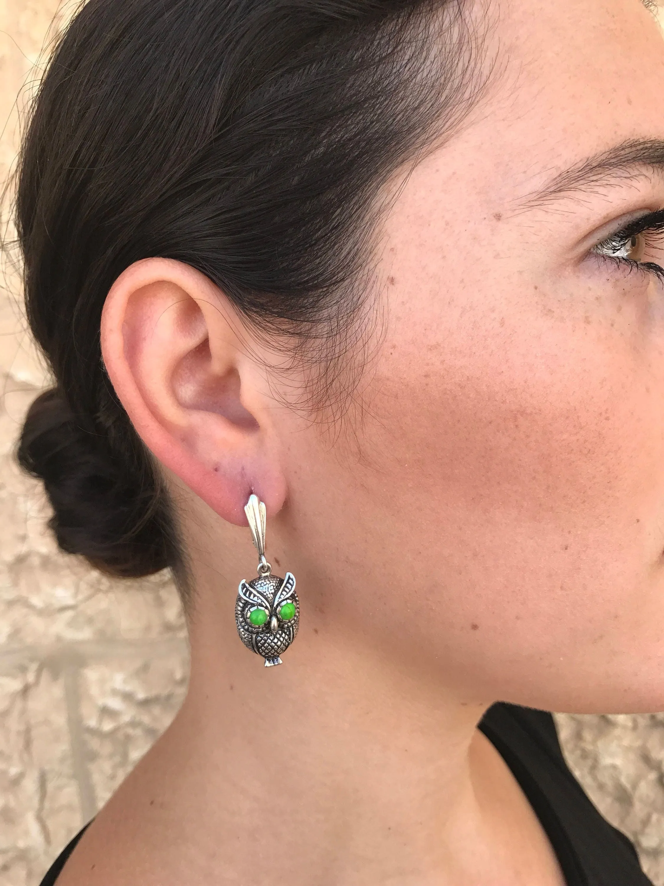Green Owl Earrings - Genuine Turquoise Earrings - Dangling Owl Earrings