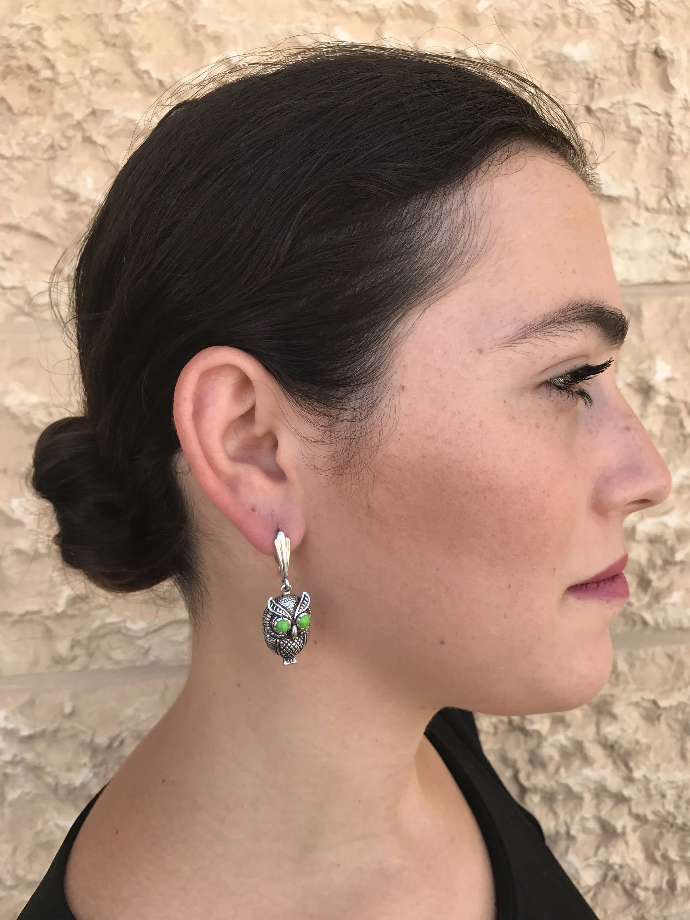 Green Owl Earrings - Genuine Turquoise Earrings - Dangling Owl Earrings