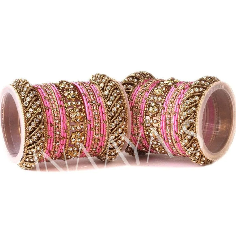 Green Silk Thread Stone Bangle Set for Both Hands