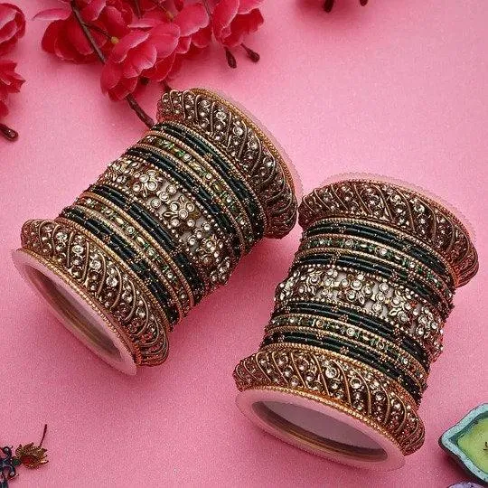Green Silk Thread Stone Bangle Set for Both Hands