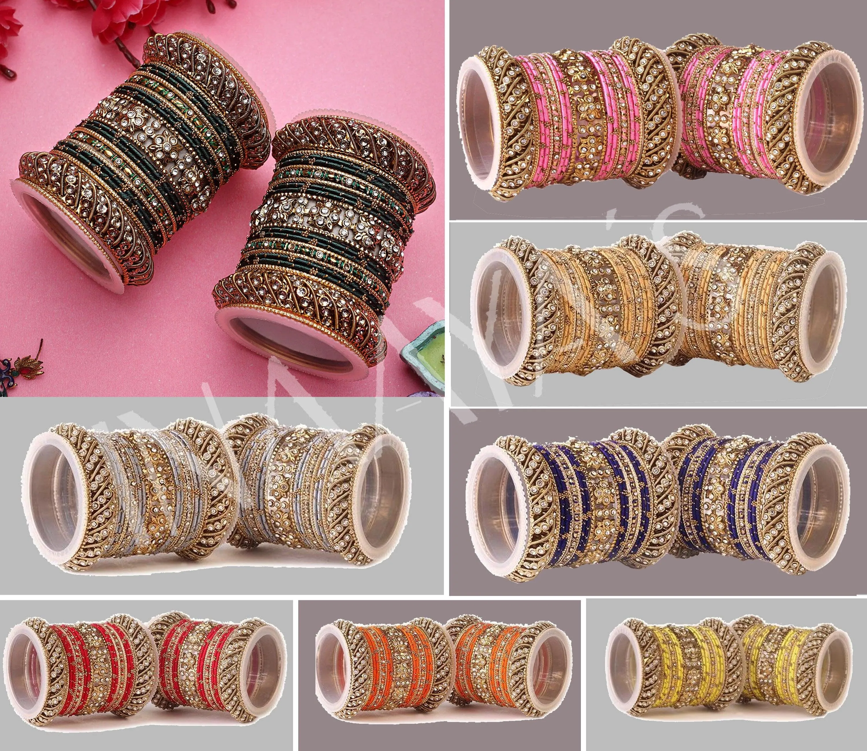 Green Silk Thread Stone Bangle Set for Both Hands