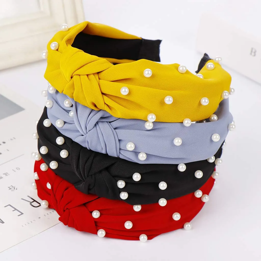 Hair Bands for Lady Women Pearls Knotted Head Bands Elastic Rhinestone Hair Bands Wedding Hair Accessories