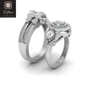 Halo Diamond Gothic Skull Engagement Ring Set His and Her Matching Skull Couple Rings Solid 925 Silver