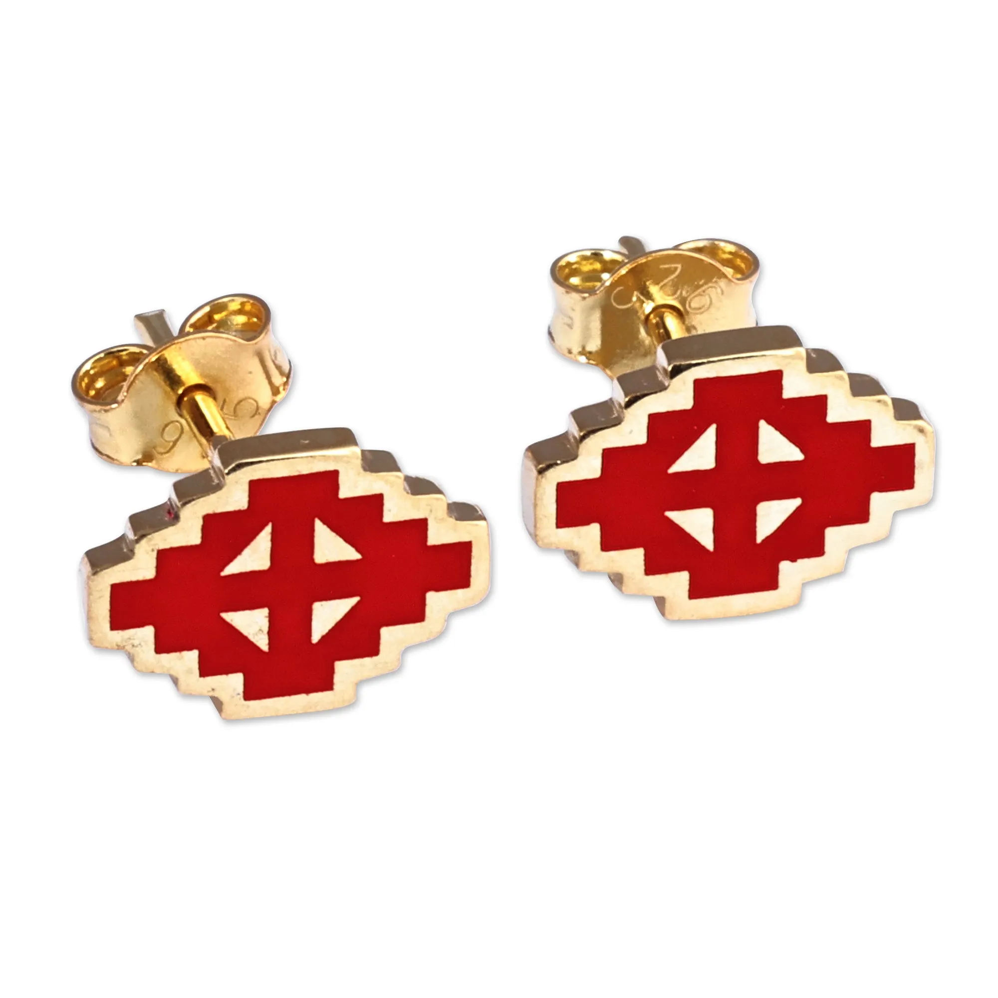 Hand-Painted Red 18k Gold-Plated Vishap Stud Earrings - Vishap Passion | NOVICA