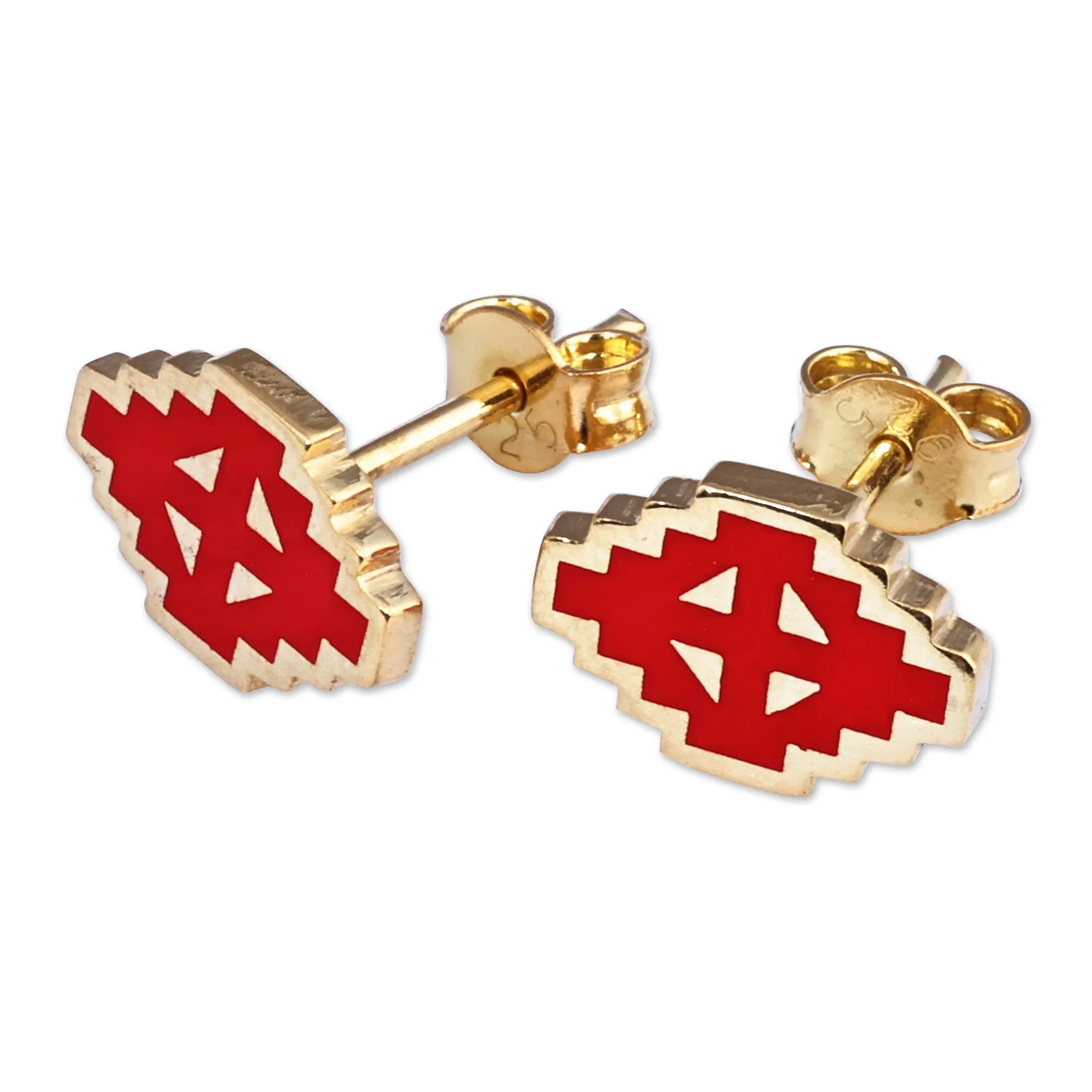 Hand-Painted Red 18k Gold-Plated Vishap Stud Earrings - Vishap Passion | NOVICA