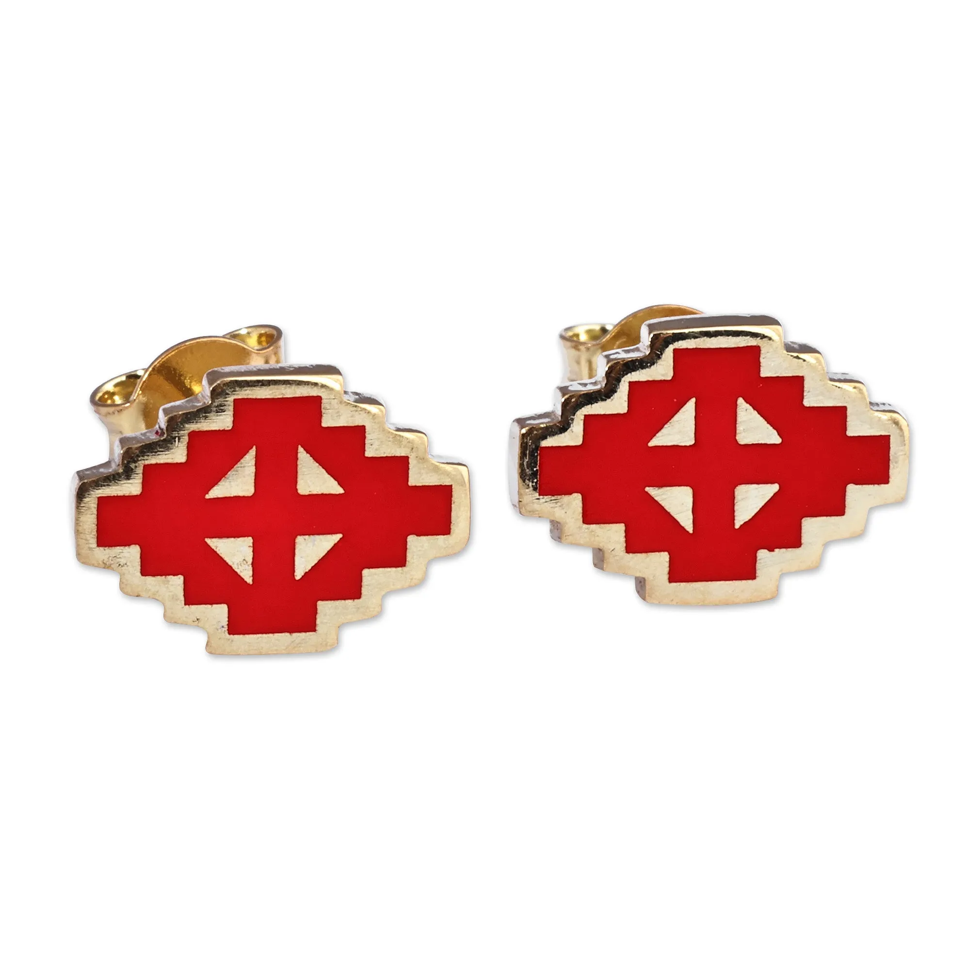 Hand-Painted Red 18k Gold-Plated Vishap Stud Earrings - Vishap Passion | NOVICA