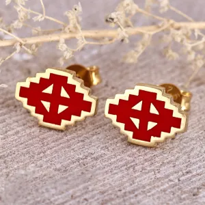 Hand-Painted Red 18k Gold-Plated Vishap Stud Earrings - Vishap Passion | NOVICA