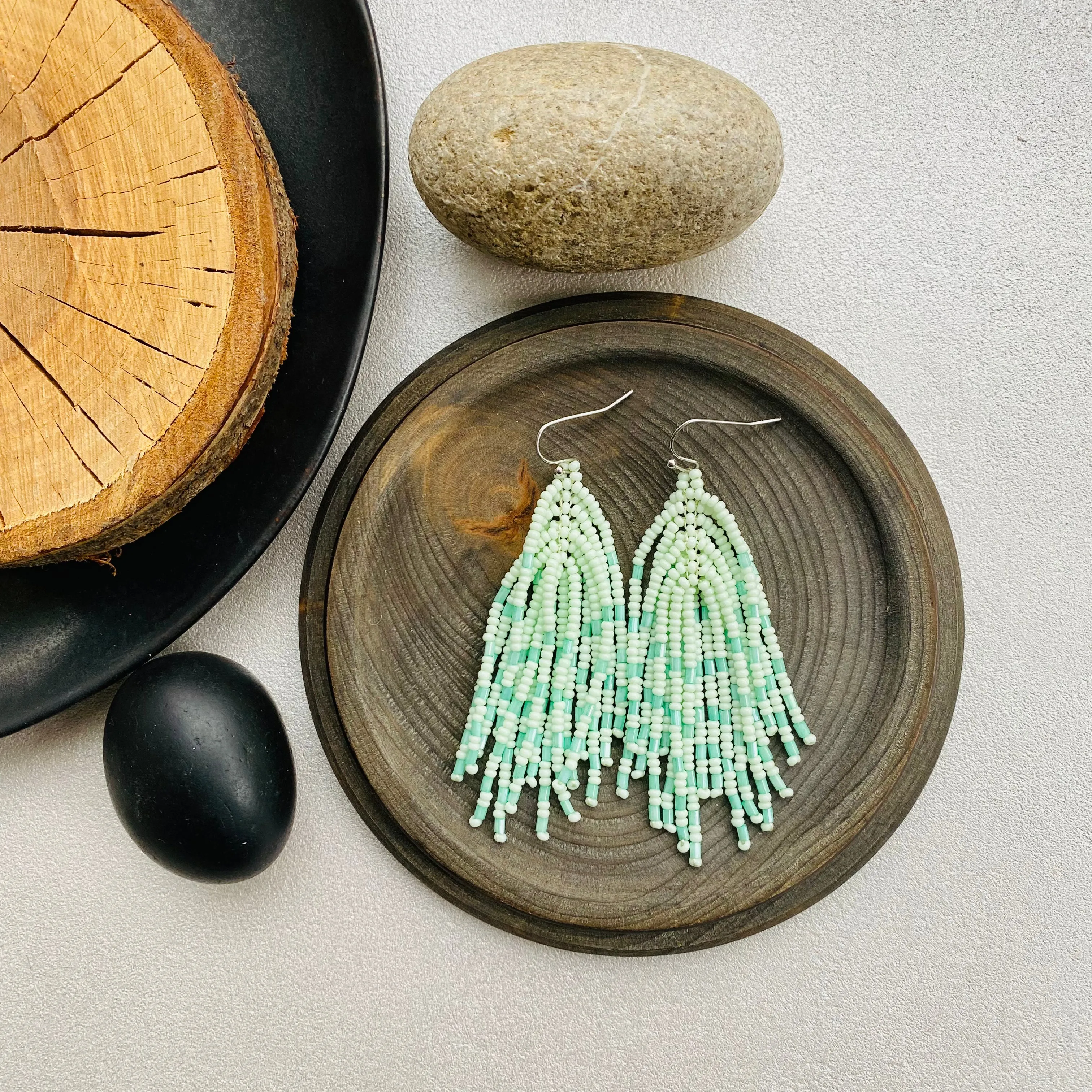 Handmade Mint Seed Beaad Tassel Earrings for Women in boho hippie style, Long Light Green Tassle Earrings