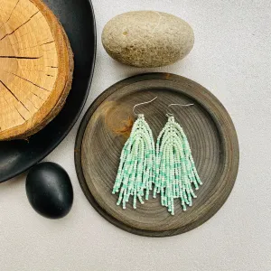 Handmade Mint Seed Beaad Tassel Earrings for Women in boho hippie style, Long Light Green Tassle Earrings