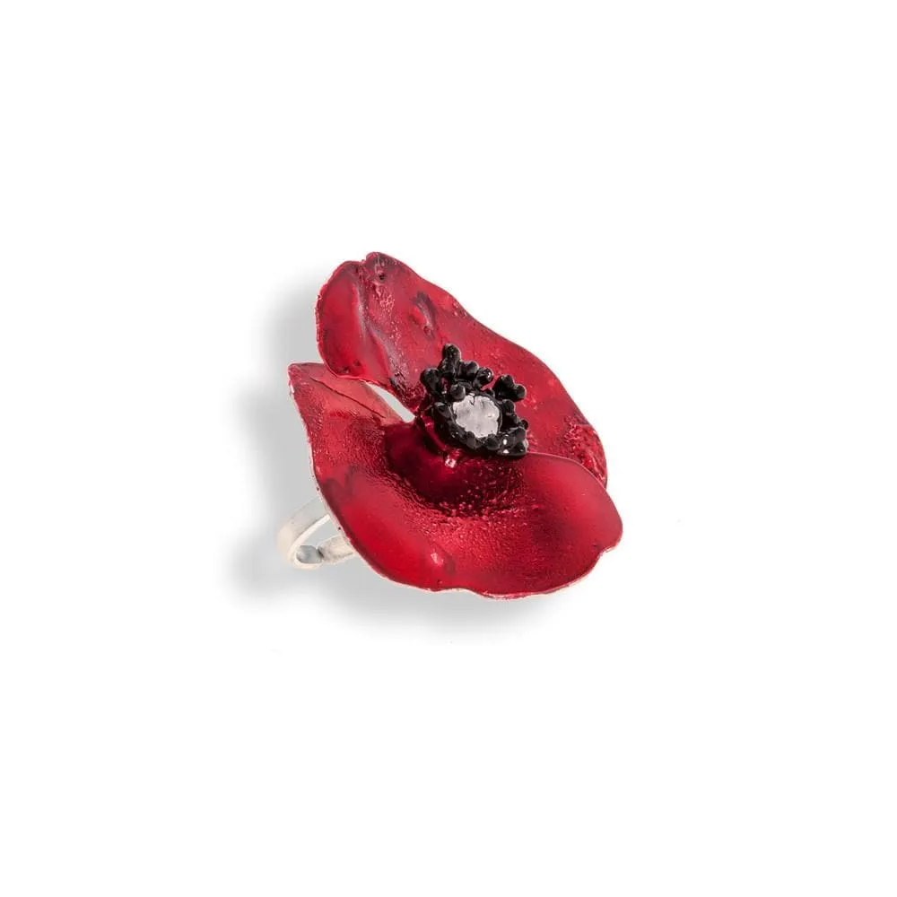 Handmade Sterling Silver Red Poppy Flower Ring