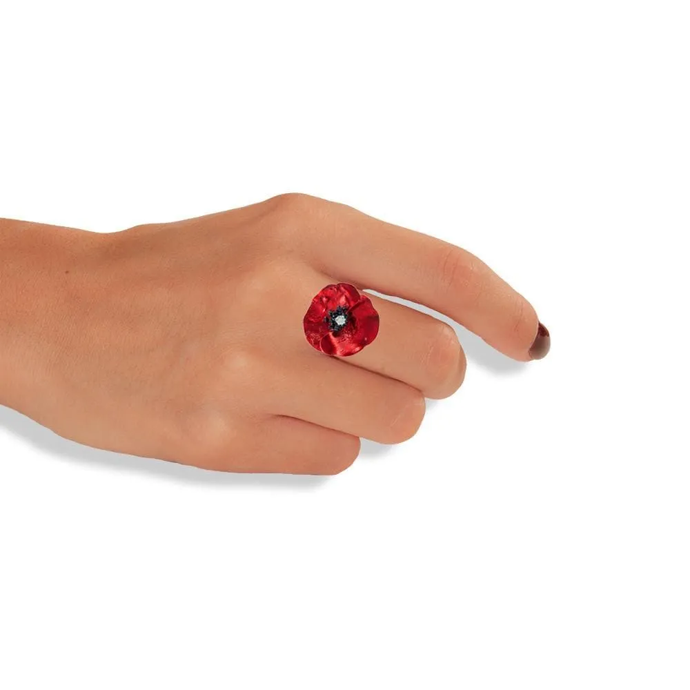 Handmade Sterling Silver Red Poppy Flower Ring