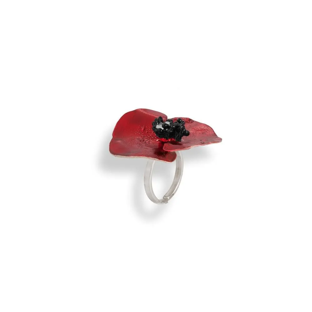 Handmade Sterling Silver Red Poppy Flower Ring