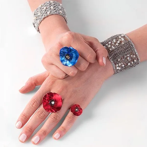 Handmade Sterling Silver Red Poppy Flower Ring