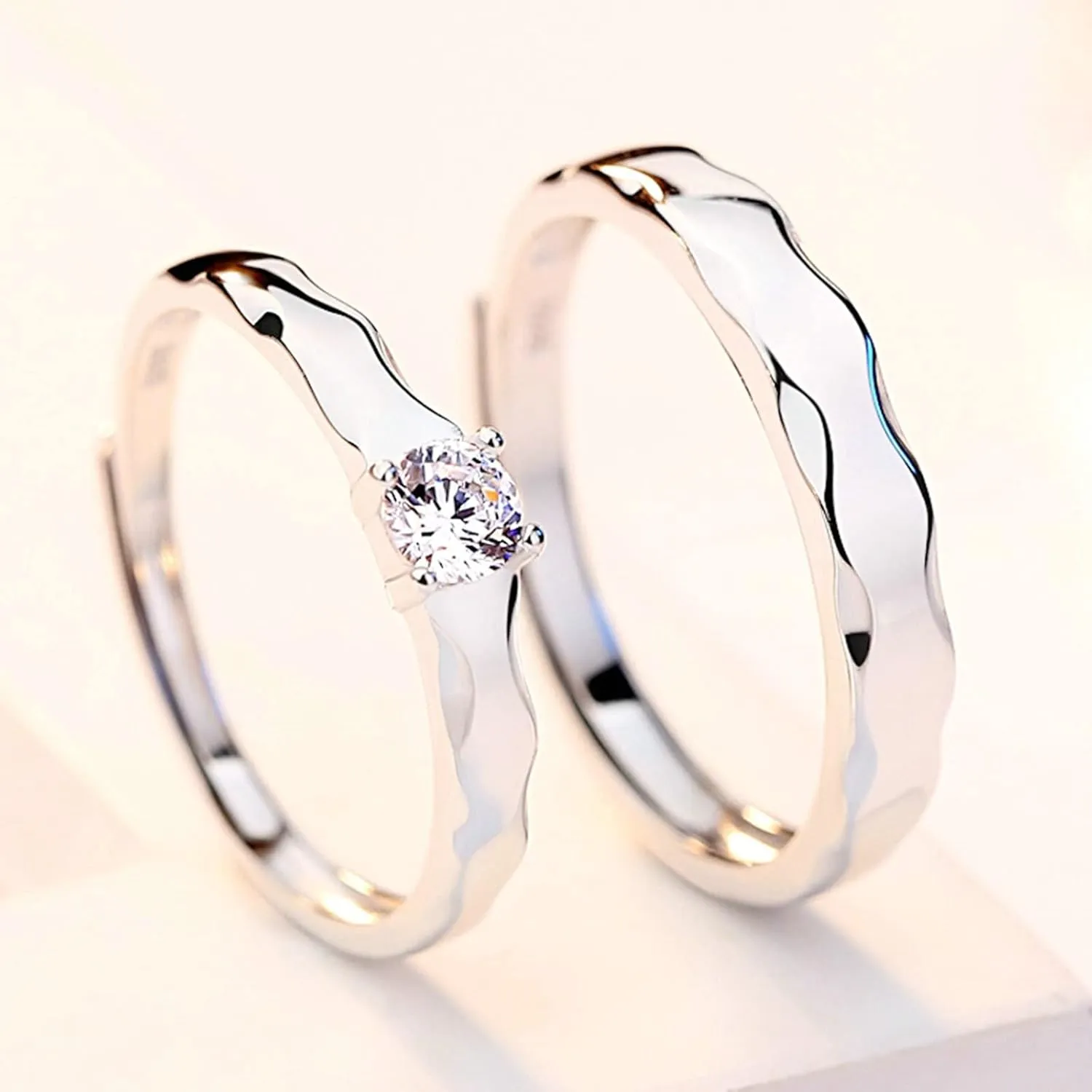 Him and Her Rings Wedding, Adjustable Engagement Rings for Couples Personalized 925 Sterling Silver Wave Ring with Cubic Zirconia