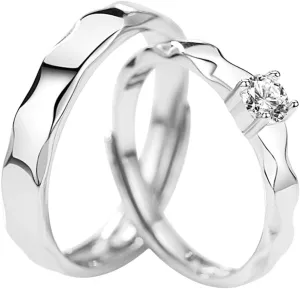 Him and Her Rings Wedding, Adjustable Engagement Rings for Couples Personalized 925 Sterling Silver Wave Ring with Cubic Zirconia