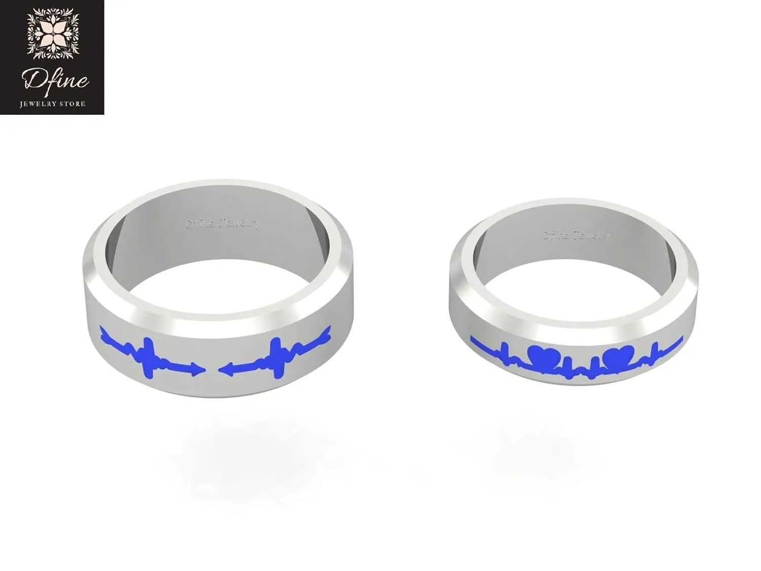His and Her Heartbeat Promise Rings Solid 925 Sterling Silver Matching Heartbeat Couple Rings