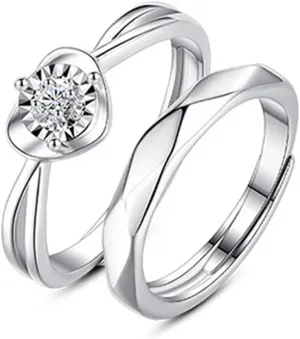 His and Her Wedding Band Rings, Engage Rings Sets His and Hers Personalized Adjustable 925 Sterling Silver Heart Ring with Cubic Zirconia