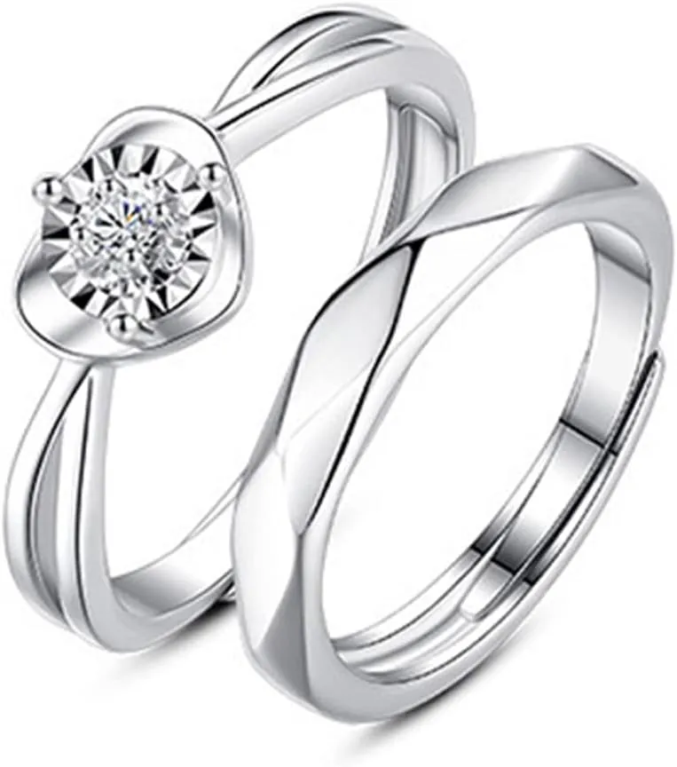 His and Her Wedding Band Rings, Engage Rings Sets His and Hers Personalized Adjustable 925 Sterling Silver Heart Ring with Cubic Zirconia
