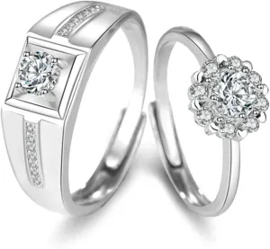 His and Her Wedding Band Rings, Engraved Rings for Couples Personalized Adjustable 925 Sterling Silver Solitaire Ring with Cubic Zirconia