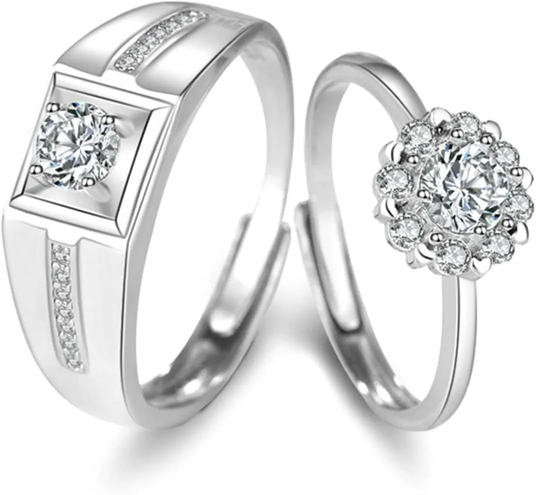 His and Her Wedding Band Rings, Engraved Rings for Couples Personalized Adjustable 925 Sterling Silver Solitaire Ring with Cubic Zirconia