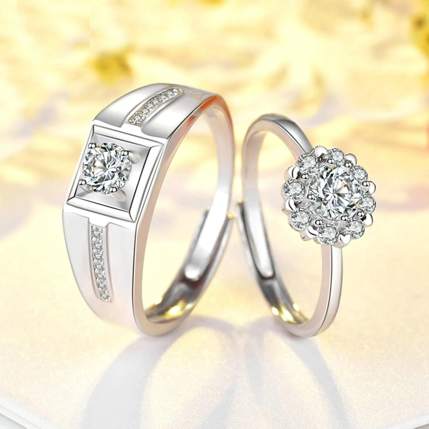 His and Her Wedding Band Rings, Engraved Rings for Couples Personalized Adjustable 925 Sterling Silver Solitaire Ring with Cubic Zirconia
