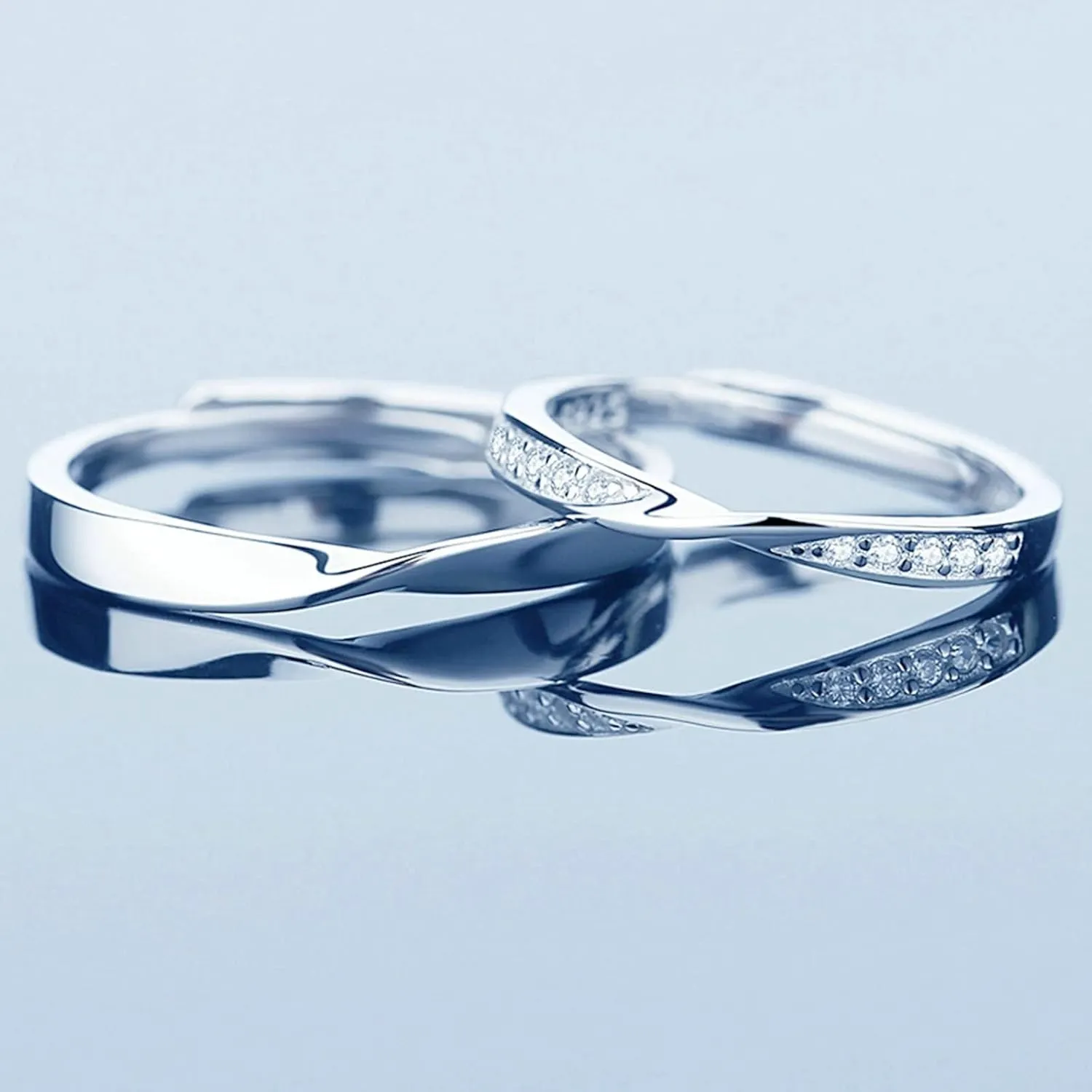 His and Her Wedding Bands, Couples Promise Rings Adjustable Customizable 925 Sterling Silver Polished Mobius Ring with Cubic Zirconia