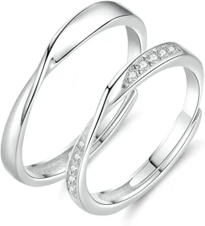 His and Her Wedding Bands, Couples Promise Rings Adjustable Customizable 925 Sterling Silver Polished Mobius Ring with Cubic Zirconia