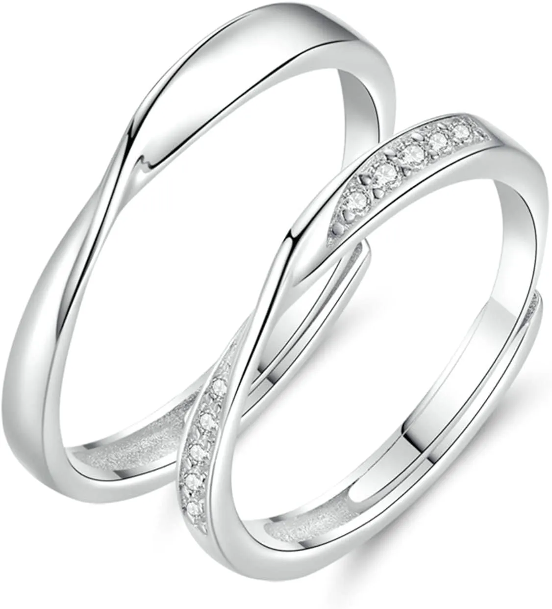 His and Her Wedding Bands, Couples Promise Rings Adjustable Customizable 925 Sterling Silver Polished Mobius Ring with Cubic Zirconia