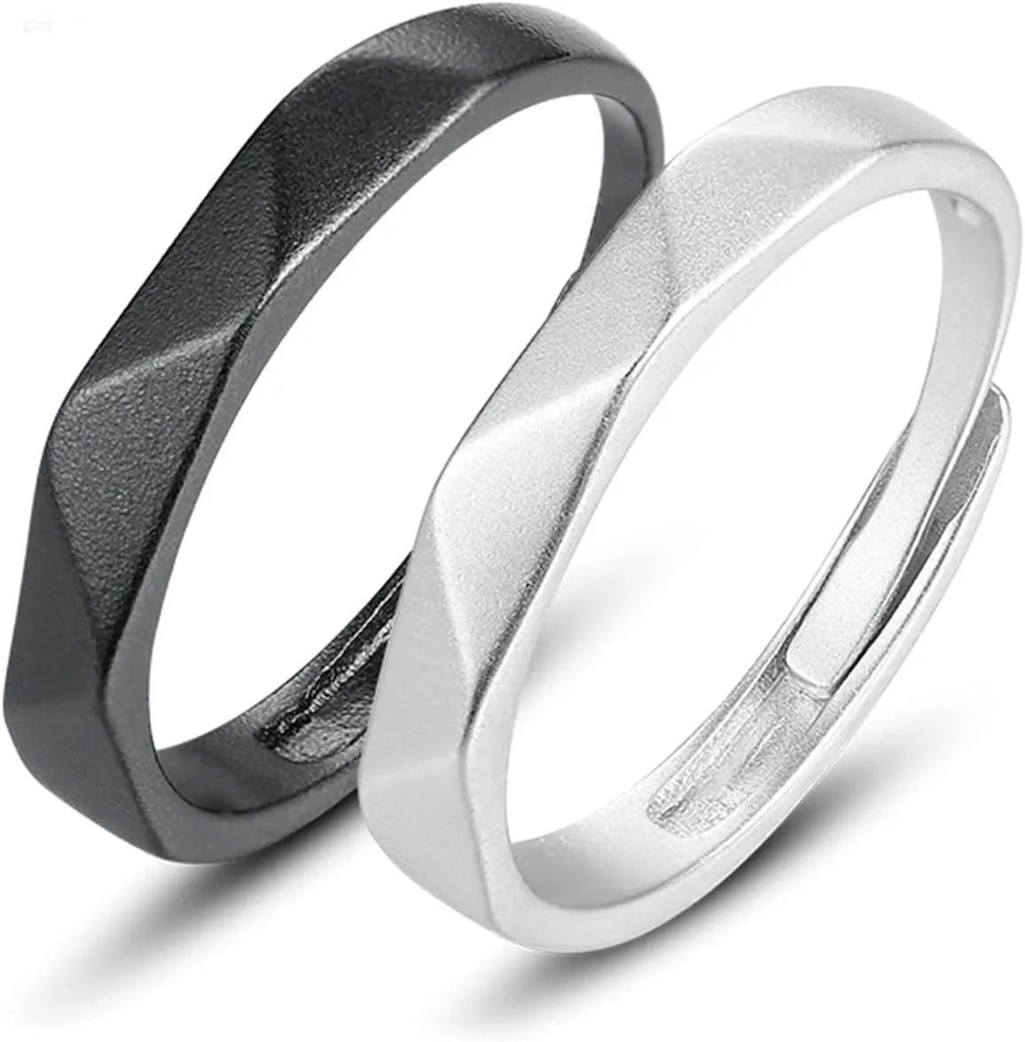 His and Her Wedding Bands, Promise Rings for Couples Personalized Adjustable 925 Sterling Silver Black Ring Multi-Faceted