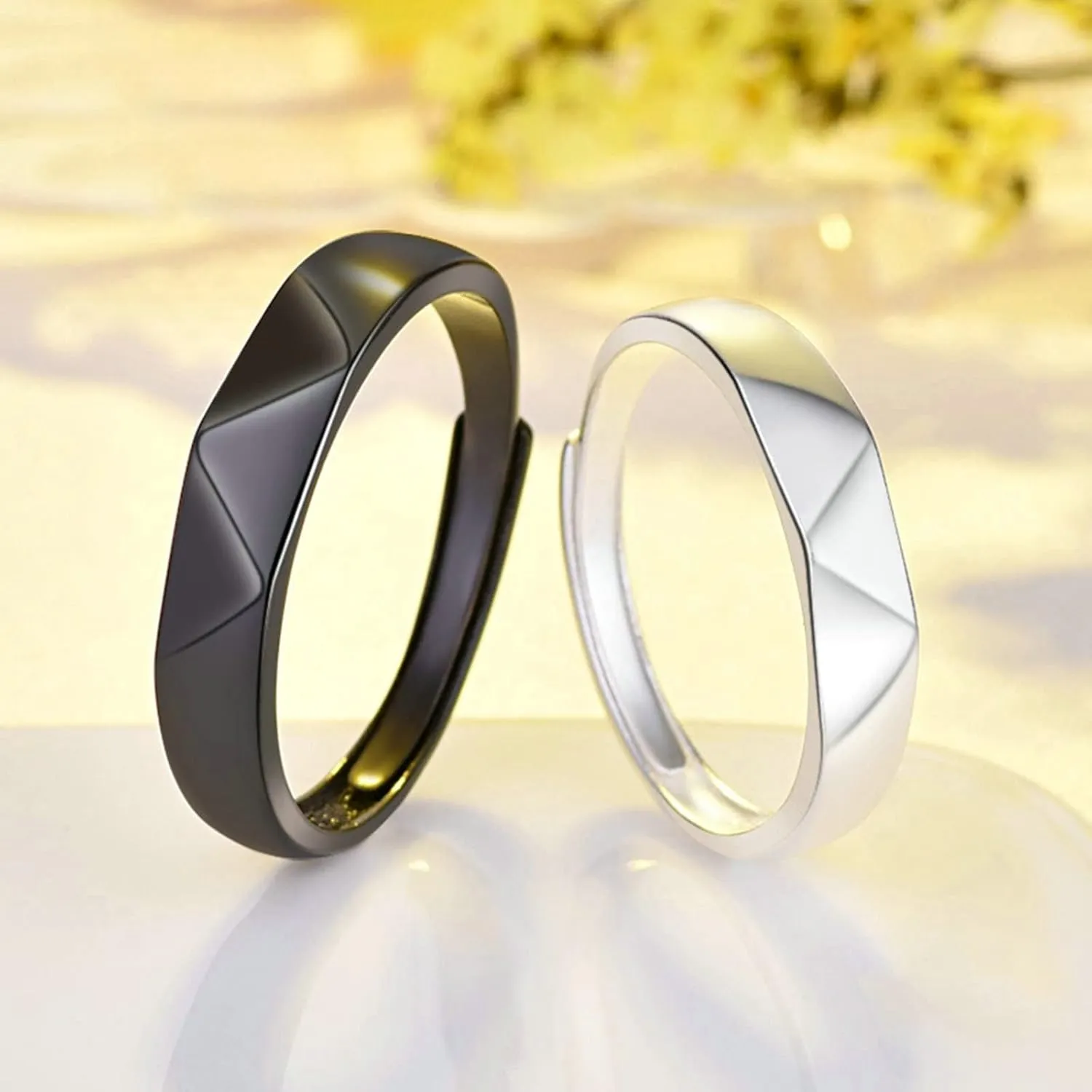 His and Her Wedding Bands, Promise Rings for Couples Personalized Adjustable 925 Sterling Silver Black Ring Multi-Faceted