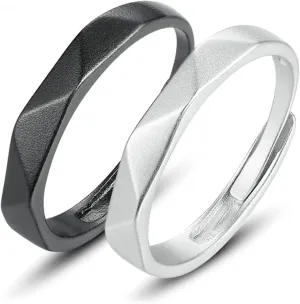 His and Her Wedding Bands, Promise Rings for Couples Personalized Adjustable 925 Sterling Silver Black Ring Multi-Faceted