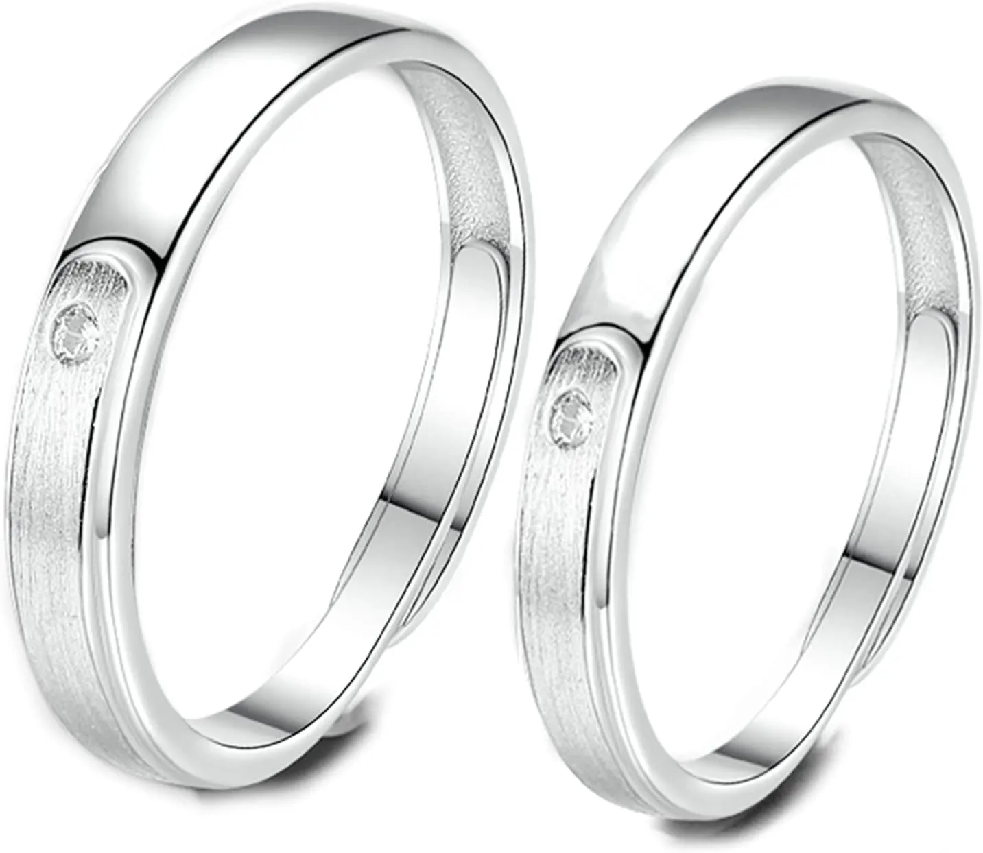 His and Hers Promise Ring Sets, Adjustable Wedding Rings for Couple Customize 925 Sterling Silver Simple Matte Ring with Cubic Zirconia