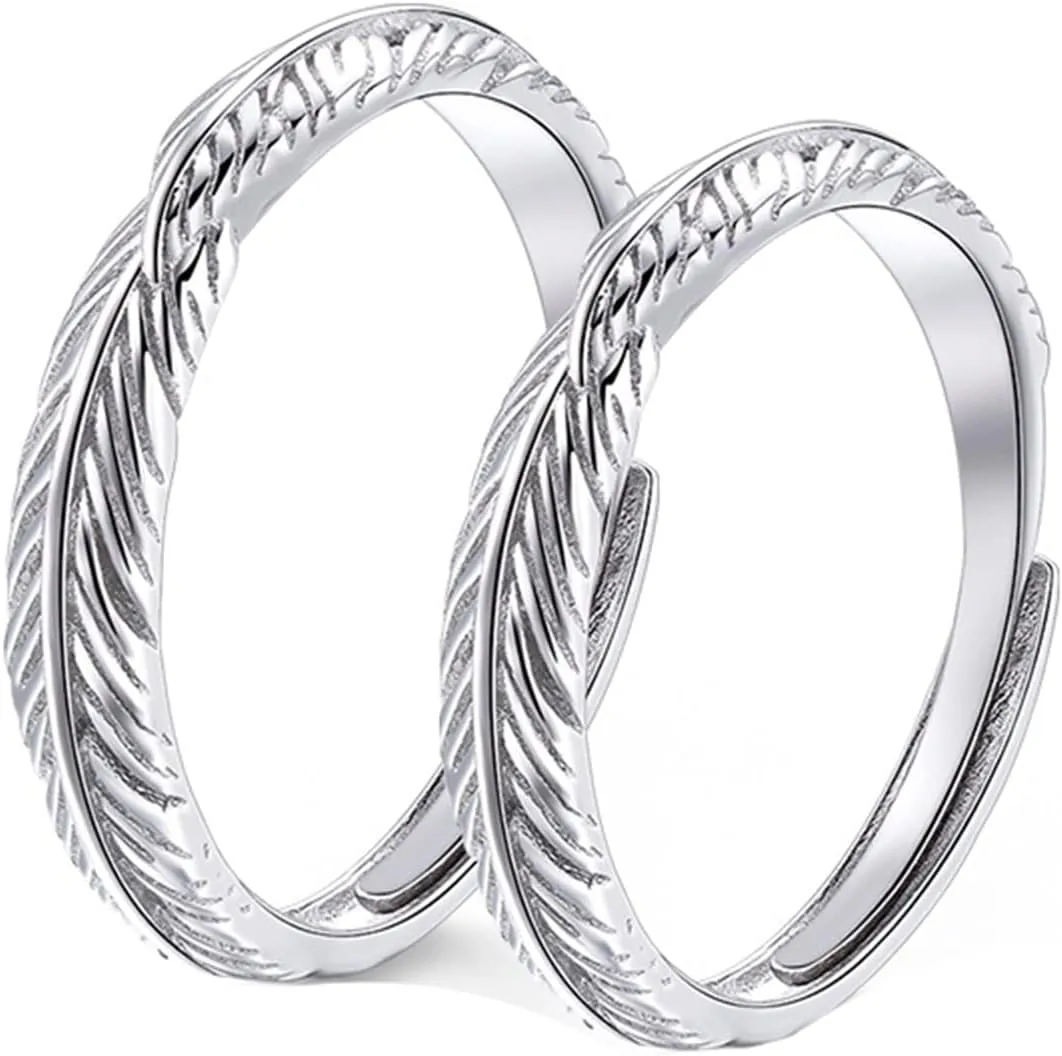 His and Hers Ring Sets Couples, Engagement Rings for Couples 925 Customize Adjustable Vintage Feather Ring