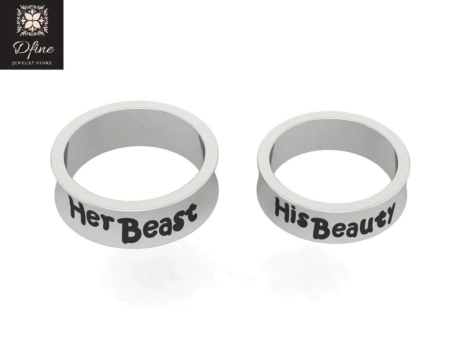 His Beauty and Her Beast Couple Rings Solid 925 Sterling Silver Matching Wedding Band Set