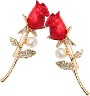Homoyoyo 2pcs Red Rose Brooch Pearl Flower Brooch Vintage Fashion Rhinestone Pin for Prom Corsage Wedding